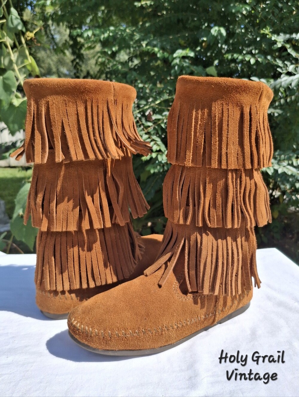 Minnetonka Women's Brown Suede 3 Layer Fringe Pull-On Moccasin Tall Boots Size 9